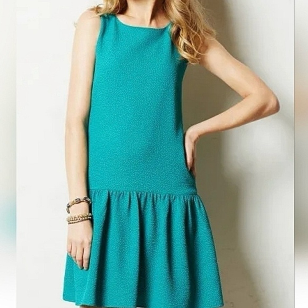 Anthropologie Maeve Mulligan Teal Drop Waist‎ Ruffle Hem Shift Dress Size L NWT